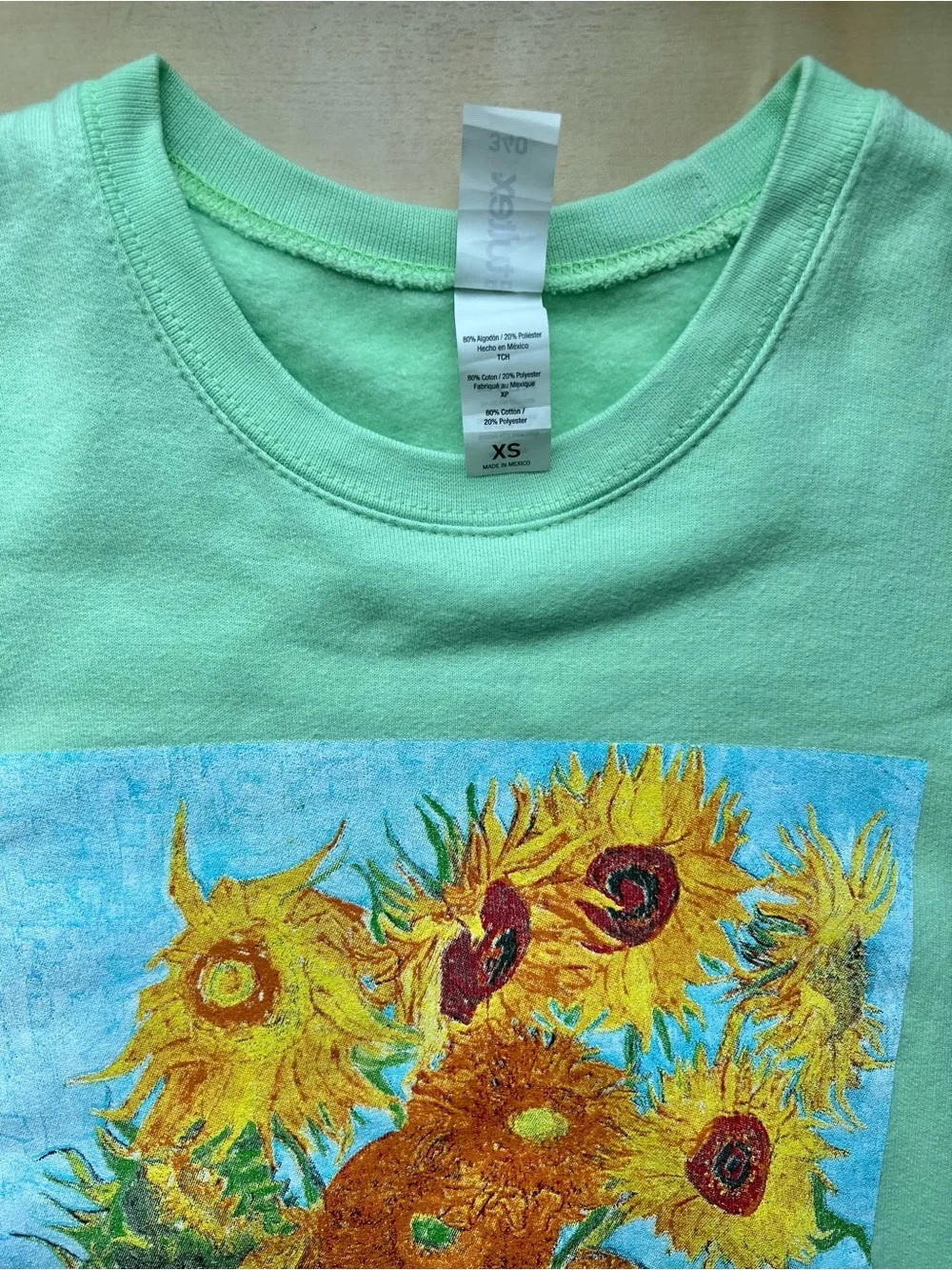 Artsy Mint Green Crewneck Sweatshirt with Van Gogh Sunflowers Print - Picture 4 of 8